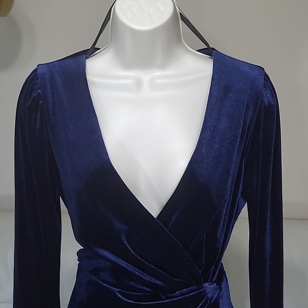 Premier Amour Velvet Wrap Dress Womens 6 Navy Blue NEW P1961447 Long Sleeve Mini - Picture 3 of 8